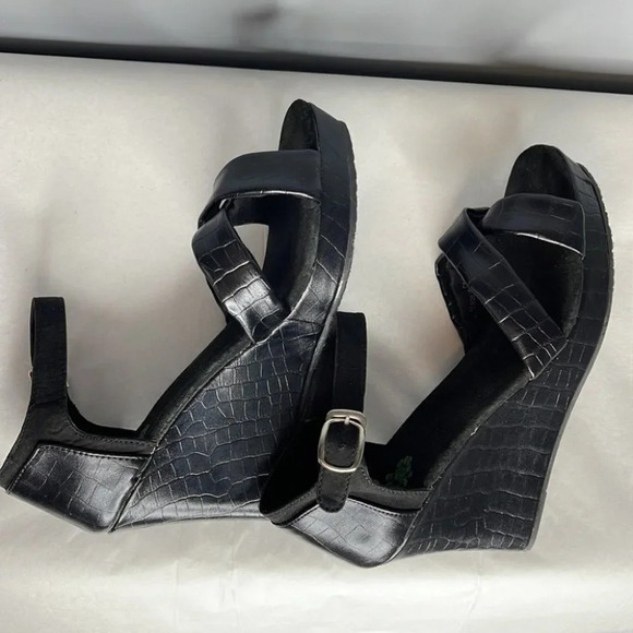 DAWGS Crossover Platform Wedges Black Crocodile Effect Open Toe Summer Size 10 - Picture 8 of 11